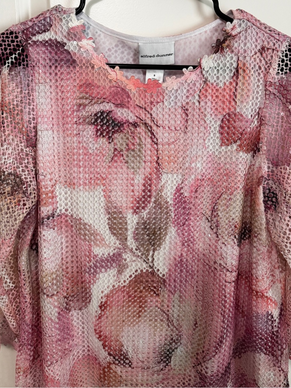 Alfred Dunner Floral Lace Mesh Sequin Blouse Pink Mauve Size S - Picture 6 of 11